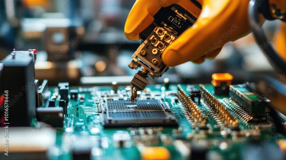 Poster close-up shot of a robotic arm placing components on a circuit board in a highly automated factory s