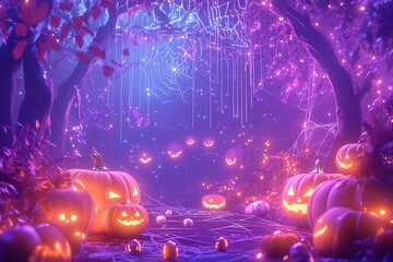 Halloween pumpkins, dark background, cartoon style, vibrant colors, glowing eyes, hyper-realistic illustrations, vibrant comics, dark blue and purple tones
