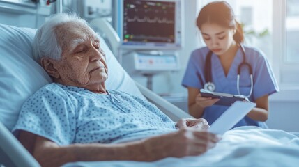 Obraz premium Senior patient resting in hospital care with nurse