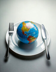 A miniature globe sits on a plate with a fork, vertical shot of representing the concept of consuming the Earth's resources.
