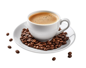 A white coffee cup with a white plate and a pile of coffee beans on top of it