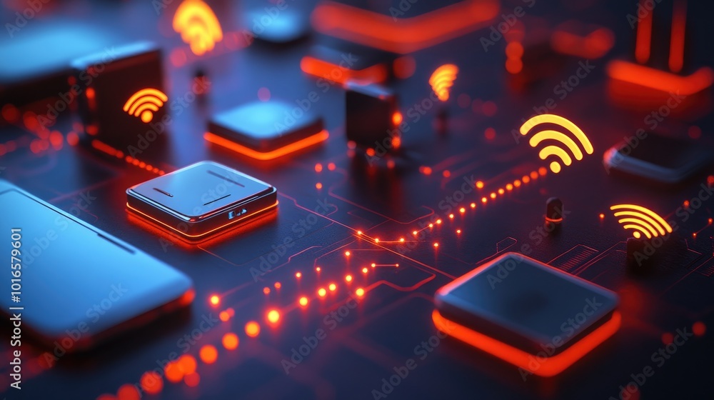 Poster high-resolution image of wireless signals bouncing between futuristic smart devices, showcasing cutt