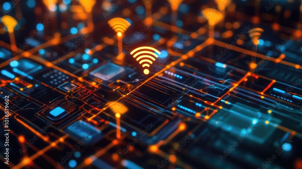 Poster high-resolution image of wireless signals bouncing between futuristic smart devices, showcasing cutt