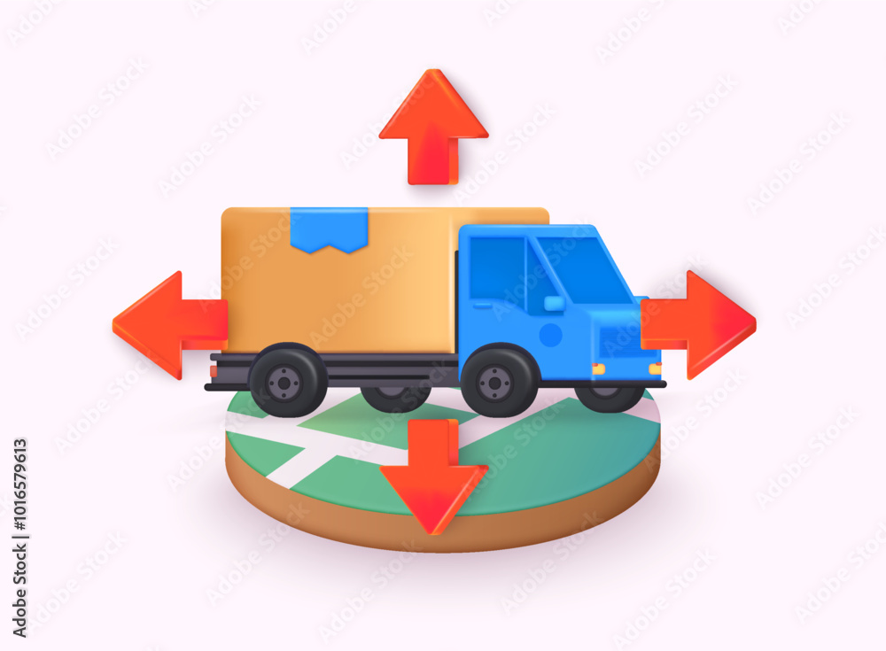 Poster trucks with yellow containers are on the map with arrow different directions. vector 3d isolated for