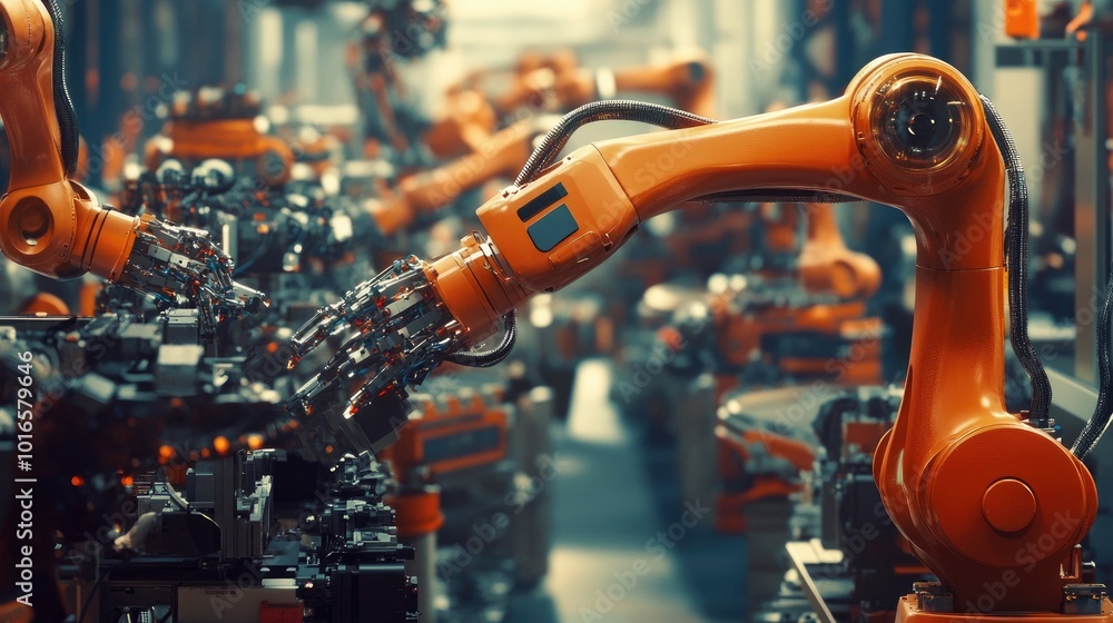 Poster high-resolution photo of a robot assembling parts in a modern factory, showcasing advanced automatio