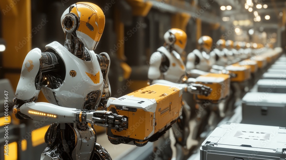 Poster high-resolution photo of multiple factory robots working simultaneously on a fast-moving production 
