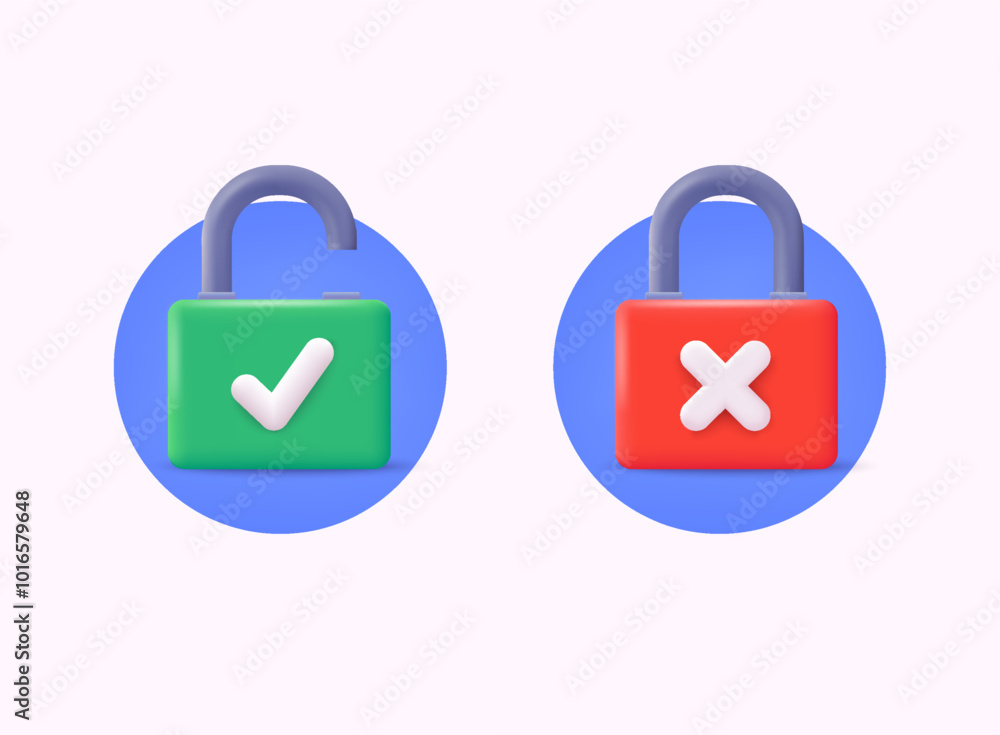 Poster lock and unlock icon privacy symbol set in red and green color in simple style. 3d web vector illust