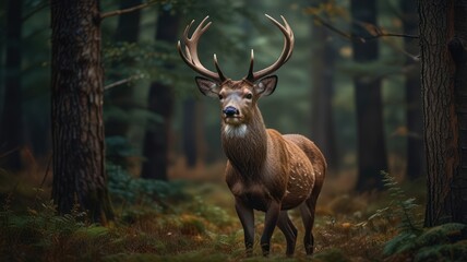 A majestic red deer stag with large antlers stands in a dense forest, looking directly at the camera.