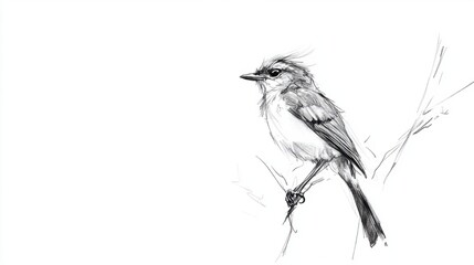 Simple pencil sketch of a bird on a branch, isolated on a clean white background