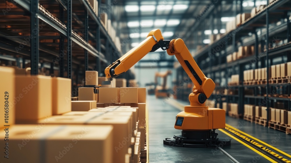 Poster robotic arm stacking products in a modern, high-tech factory. the image showcases precision and effi