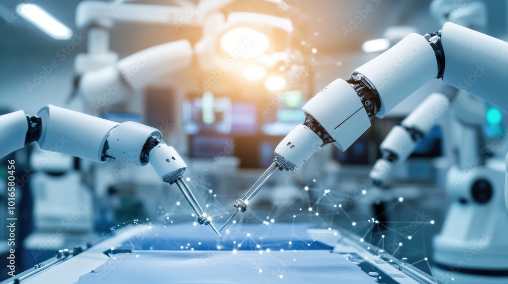 Poster robotic arms handling delicate instruments during a minimally invasive surgery in a high-tech operat