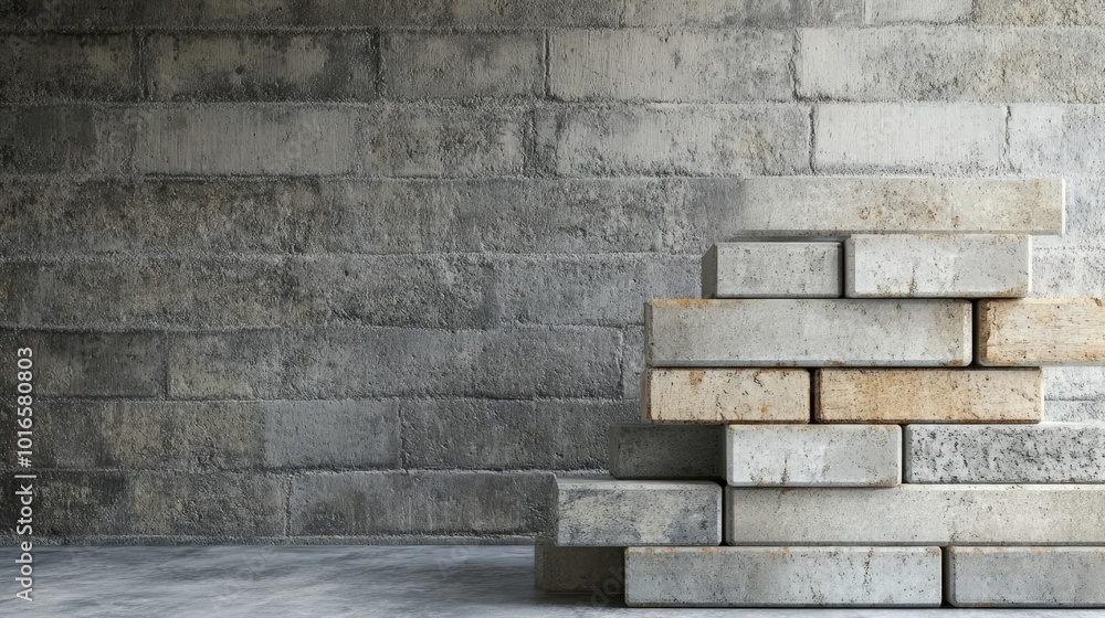 Poster stacked bricks and concrete blocks, with copy space in the background