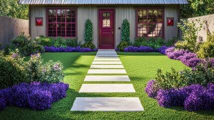 Obraz premium Modern yard with ivory synthetic grass, a pathway of onyx leading to a cobalt door, flanked by violet shrubs and emerald blooms The backdrop features a house with ruby windows and a tin roof