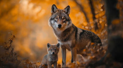 Fototapeta premium A heartwarming depiction of a wolf with its son captures the essence of family in the wild, showcasing the beauty of nature and the powerful bonds that exist within the animal kingdom