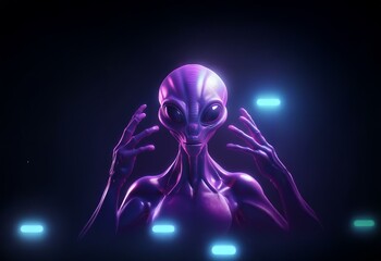 A purple alien with large eyes raises its hands in front of a black background illuminated by blue lights.