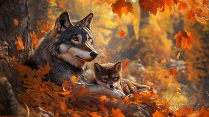 Witness the beauty of nature through the eyes of a wolf and its pup, an inspiring display of family in the wild, reminding us of the essential connections that define life in the natural world