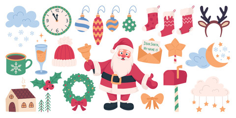 Set of hand drawn Christmas elements. Holiday symbols and Christmas design elements