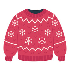 Red knitted sweater with snowflakes, vector illustration on a white background