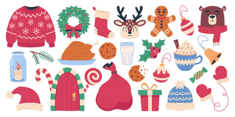 Christmas set. Christmas elements are hand-drawn on a white background