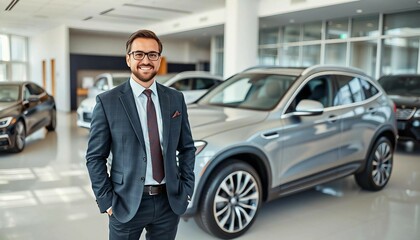 A friendly and smiling sales consultant standing next to a luxury car.