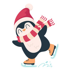Penguin skating, vector illustration on a white background