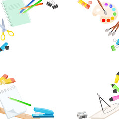 Template of colorful school supplies. Copy space. Vector illustration.