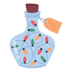 Christmas decoration, garland in a bottle. Christmas lights. Isolated object on white background