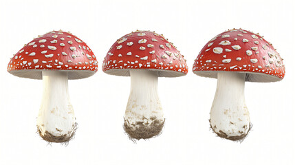 A vibrant autumn scene featuring red Amanita muscaria mushrooms with white spots, nestled in a lush green forest surrounded by moss and grass, showcasing the beauty and danger of nature's fungi