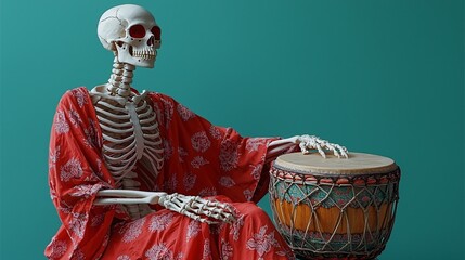 A whimsical skeleton in vibrant attire playing a drum, perfect for Day of the Dead celebrations, event promotions, and festive art related to Dia De Los Muertos.