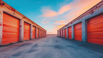 Fototapeta premium Modern Commercial Warehouse Exterior with Bright Orange Roller Doors Under Vibrant Sunset Sky – Industrial Architecture, Storage Facility, Logistics,