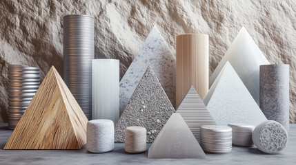 Naklejka premium Textured 3D Pyramids and Cylinders with Wood, Metal, and Glass on Monochrome Background, generative ai