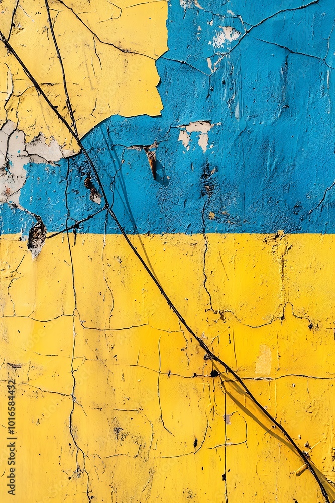 Poster abstract geometric design in blue and yellow with diagonal lines and shapes, conveying a sense of mo