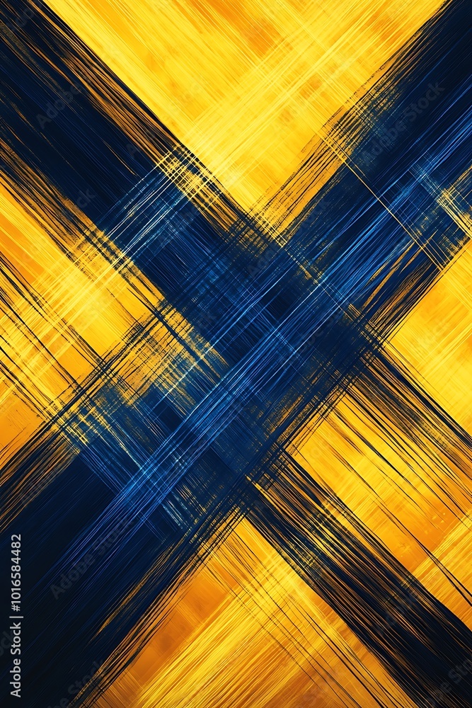 Poster abstract geometric design in blue and yellow with diagonal lines and shapes, conveying a sense of mo