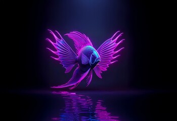 Fototapeta premium A neon pink and blue fish with large fins floats in the center of the image, its reflection visible in the water below.