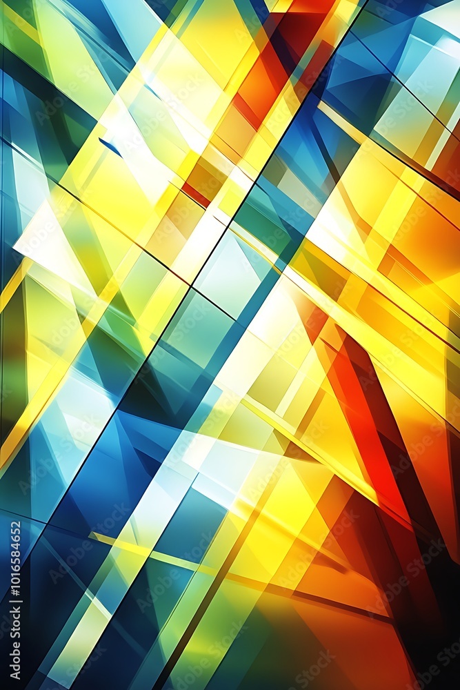Poster abstract geometric design in blue and yellow with diagonal lines and shapes, conveying a sense of mo