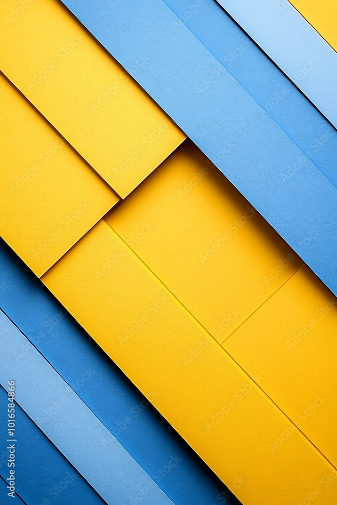Poster abstract geometric design in blue and yellow with diagonal lines and shapes, conveying a sense of mo