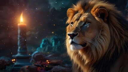 Fototapeta premium A majestic lion with a burning candle in the background, surrounded by a magical forest.