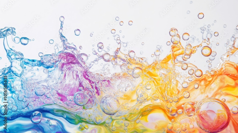 Poster a vibrant splash of water featuring a spectrum of colors, showcasing the movement and energy of liqu