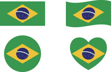 Fototapeta premium Brazil flags set. Circle icon. waving flag. heart shape icon. Various designs