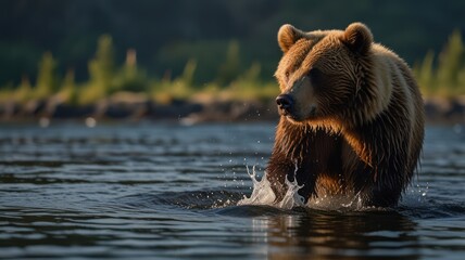 Fototapeta premium A large brown bear stands in a river with water splashing around its feet, looking towards the left, with a green forest and mountain background.