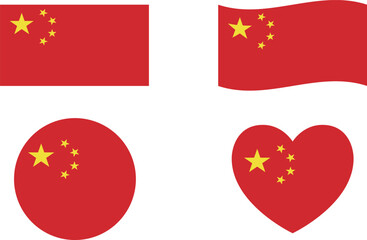 China flags set. Circle icon. waving flag. heart shape icon. Various designs