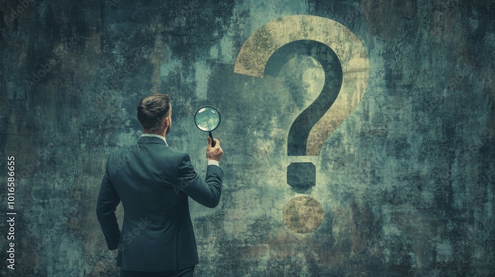 Poster a man in a suit examines a large question mark on a wall, symbolizing inquiry and discovery.