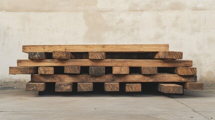 Wooden beams stacked on a concrete floor, ample copy space in the background