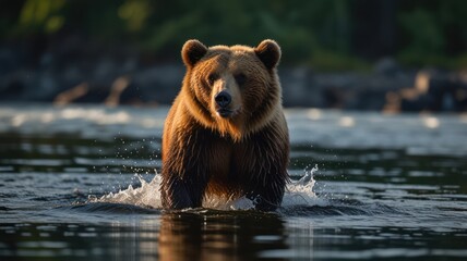 Obraz premium A large brown bear stands in a river, looking directly at the camera. The water is splashing around its paws and the sun is shining on its fur.