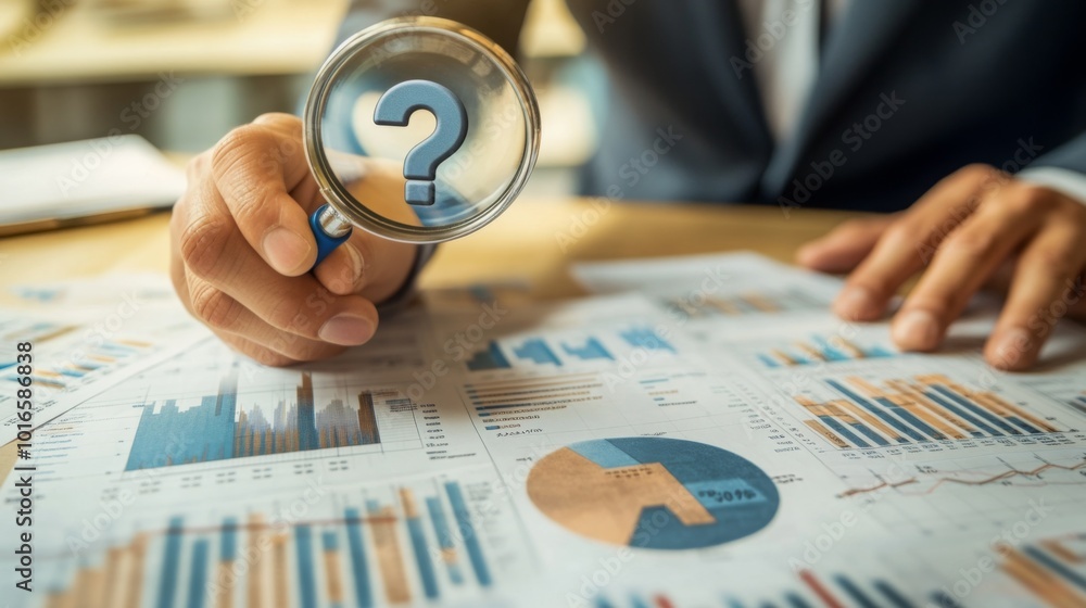 Poster a business professional examines data charts through a magnifying glass, highlighting a question mar