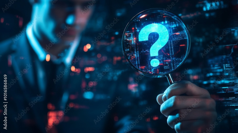 Poster a businessman holds a magnifying glass with a glowing question mark, symbolizing inquiry and technol
