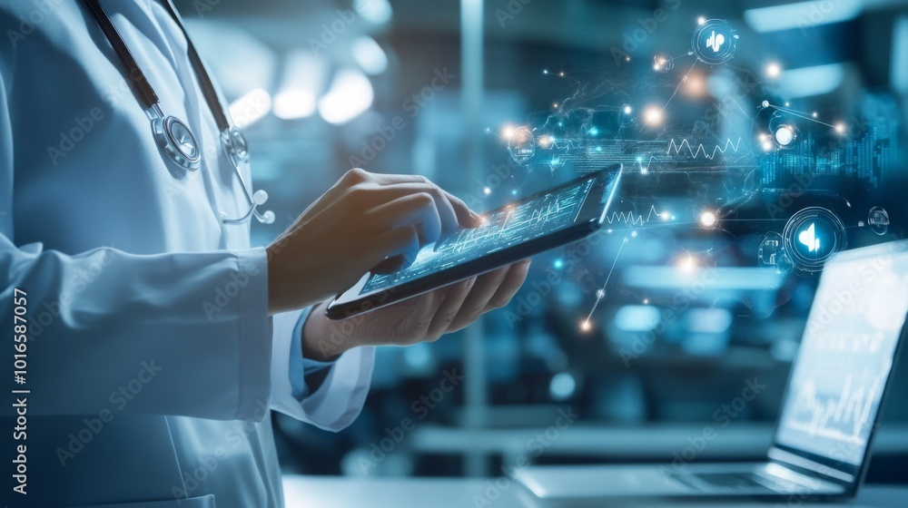 Poster a healthcare professional interacts with a tablet, showcasing digital technology and data visualizat
