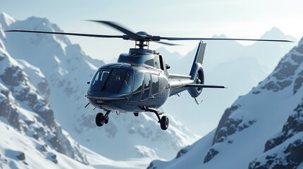 Helicopter Flying Through Snowy Mountainous Landscape