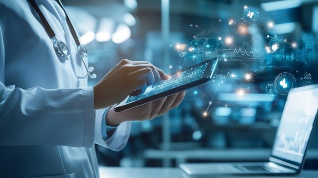 A healthcare professional interacts with a tablet, showcasing digital technology and data visualization in a clinical environment.