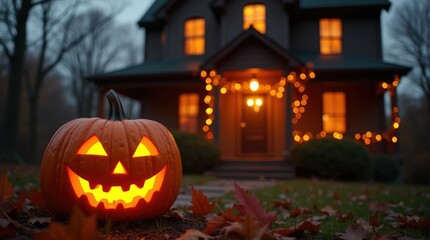 Jack-O'-Lantern glowing in front of a house decorated for Halloween